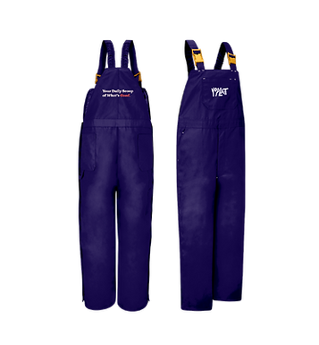 Set of Overalls for Yoplait Dairy Farmers, Reads "Your Daily scoop of what's good."