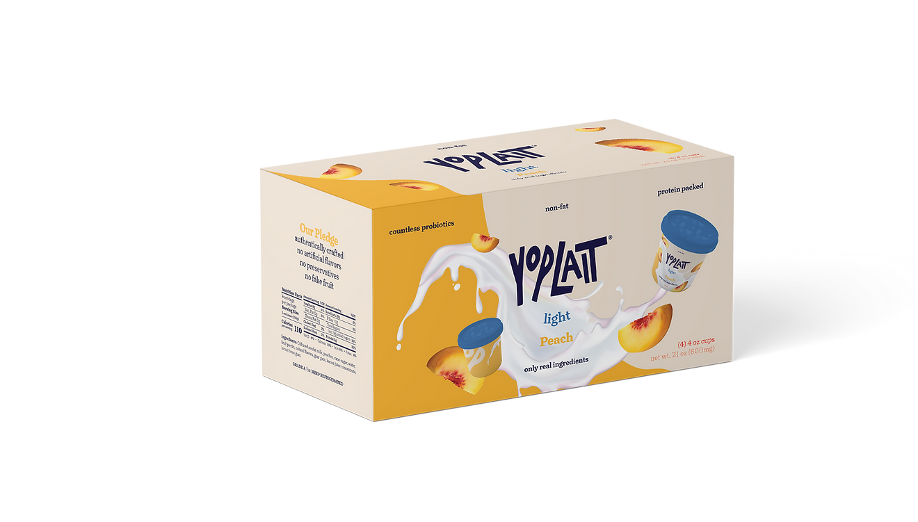 Yoplait light peach box, 4 count, yellow, has graphic of milk spilling with fruit and cups of yogurt