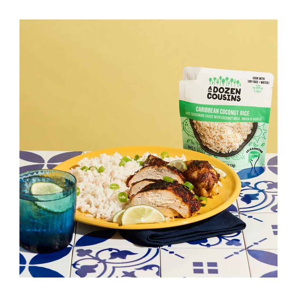 Thumbnail: Plate with chicken, rice, lime, and a glass of water. 12 Dozen Cousins.