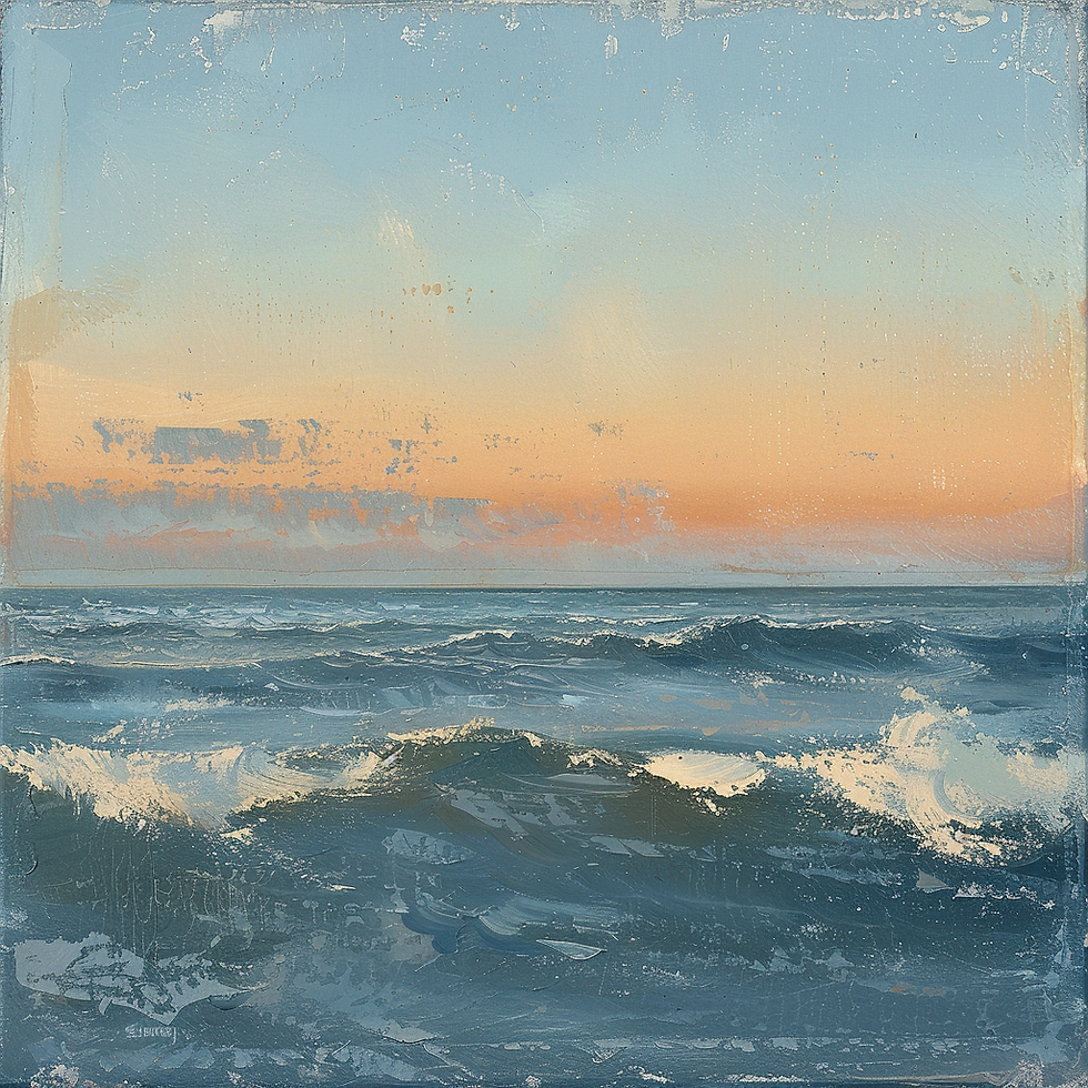 Pour une mer au coucher du soleil, pose d’abord un glacis bleu, puis un orangé très dilué : les deux se combinent pour donner un effet irisé réaliste.