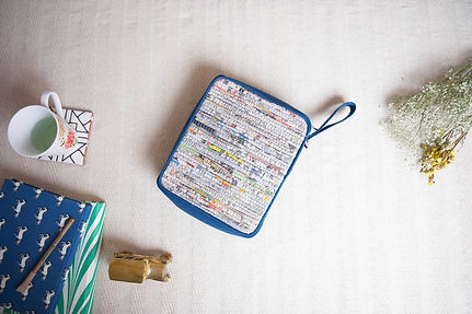 Tech Organizer bag made from recycled newspaper weaved into a fabric using handloom techniques by traditional artisans