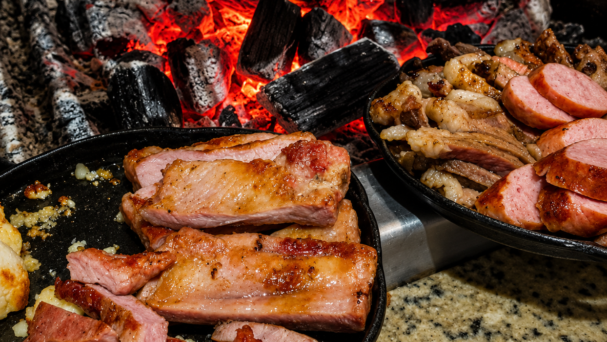 Buffet completo de churrasco com carnes grelhadas, saladas, acompanhamentos e atendimento a domicílio para eventos.