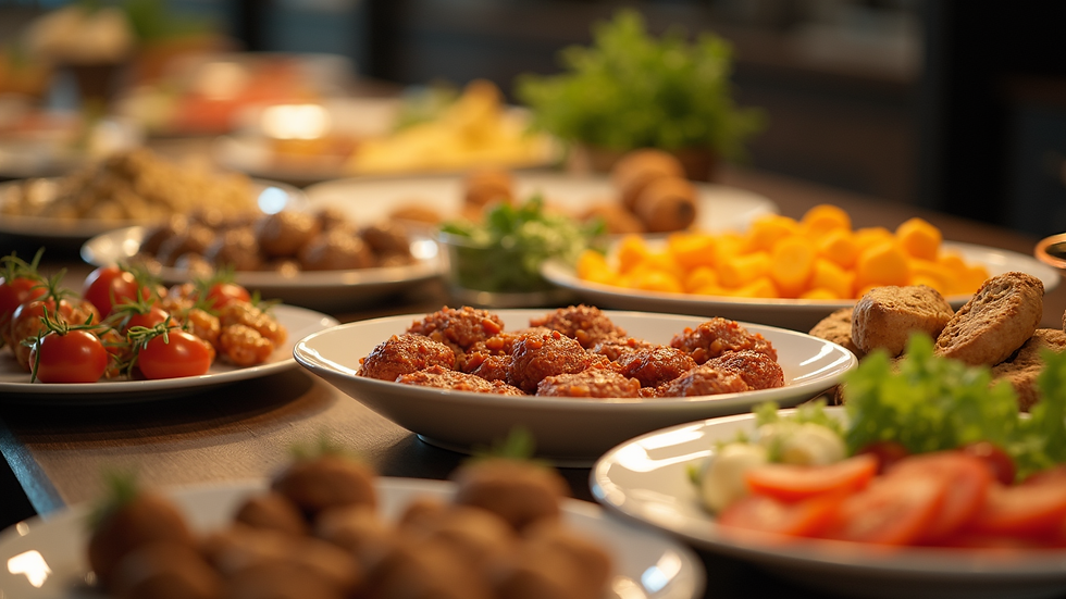 Close-up view of a beautifully arranged buffet table with diverse dishes
