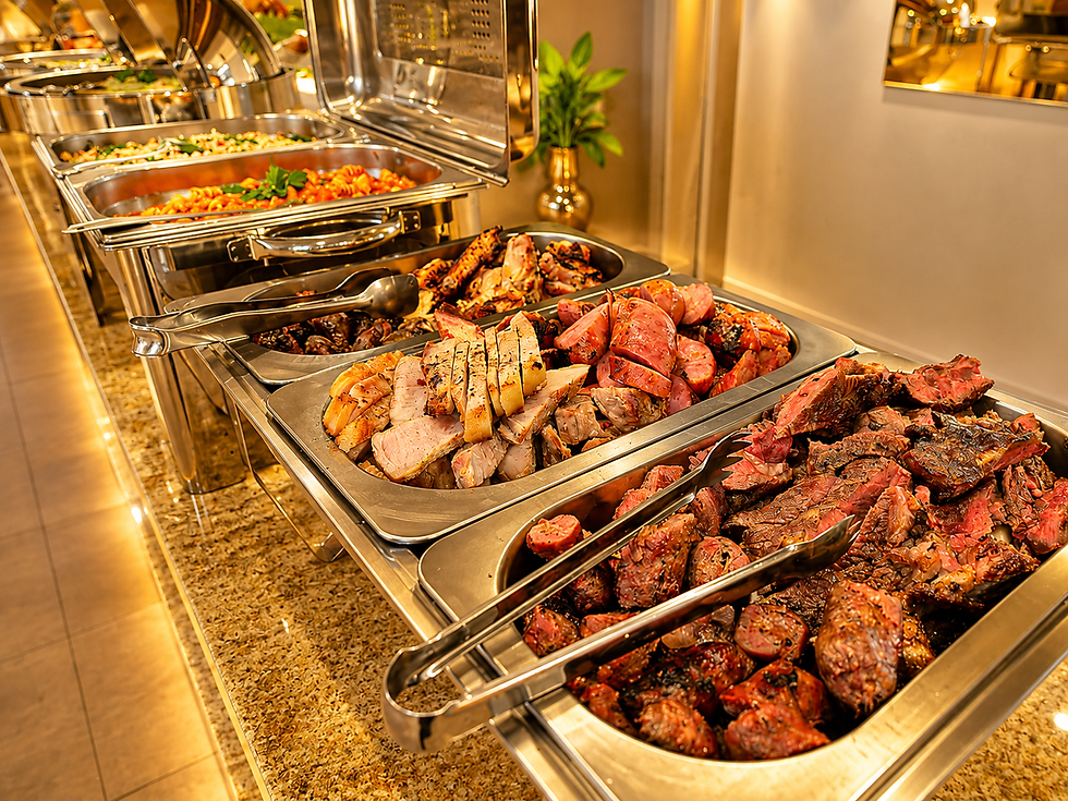 Buffet de carnes assadas em travessas de inox, com pinças, em salão quente e iluminado, com pratos coloridos ao fundo.