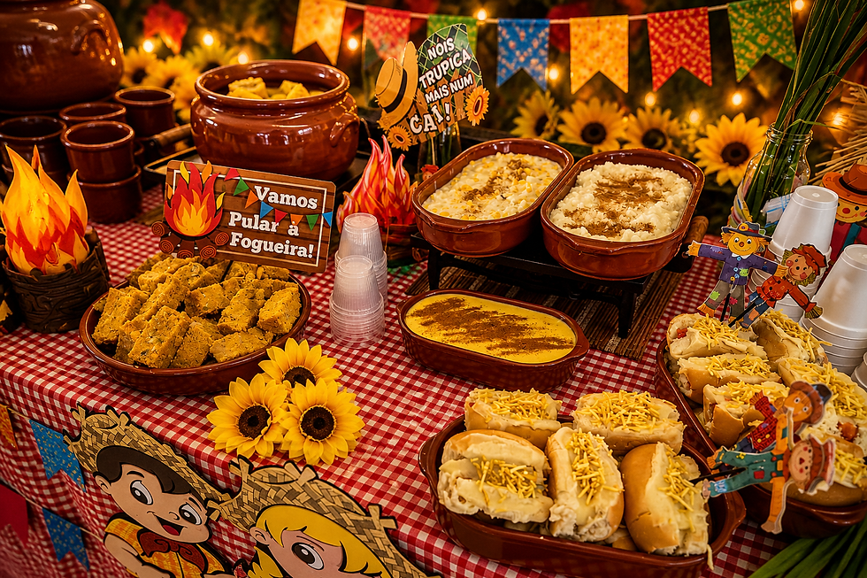 Vista aérea de mesa com pratos típicos de festa junina, como pamonha, milho cozido e bolo de milho