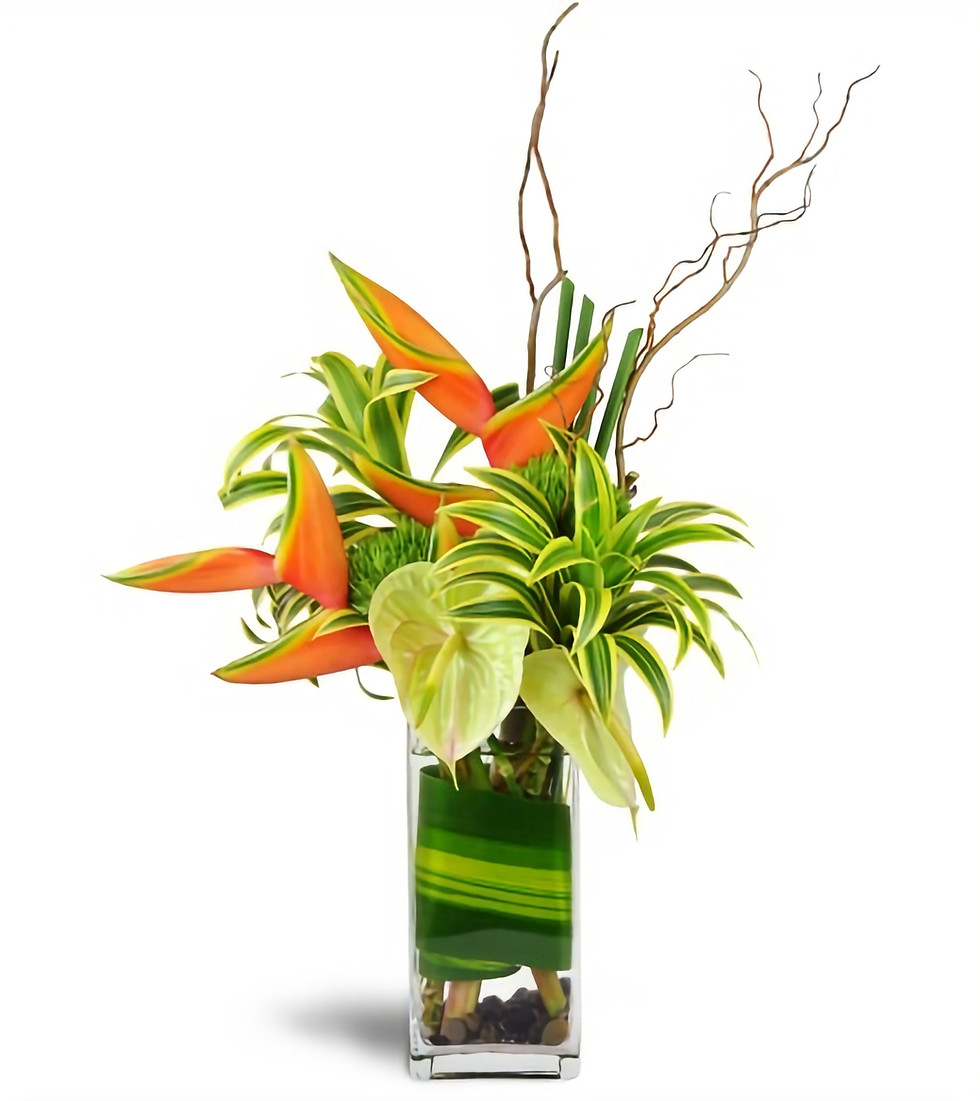 Tropical flowers beautifully designed in an exotic style, on a tall container.