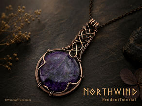 Northwind intermediate to advanced wire wrapped pendant tutorial featuring a Viking-inspired unisex design with a polished purple charoite cabochon set in intricate copper wire. This step-by-step jewelry making tutorial teaches decorative weaving, a secure stone setting, flowing wire elements, and a strong woven bail, creating a bold yet elegant handcrafted pendant with timeless Norse-inspired style.