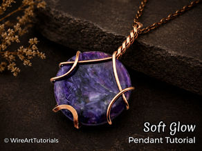 Elegant wire-wrapped pendant featuring a round purple stone (charoite) set in warm rose-gold copper wire, resting on a dark textured surface with soft natural elements in the background, styled in a minimalistic and luxurious composition.