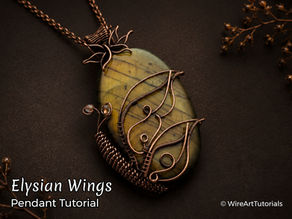Elegant intermediate wire wrapped butterfly pendant tutorial featuring an oval green labradorite cabochon wrapped in antiqued copper wire. This design combines graceful flowing wire patterns, decorative weaving, sculptural butterfly-inspired curves, and secure stone setting techniques in a soft organic style.
