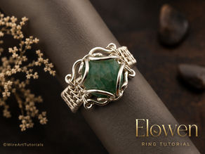 Intermediate wire wrapped ring tutorial featuring a square-cut green gemstone set in an elegant handcrafted silver wire design with intricate woven band details. Learn advanced wire wrapping techniques to create a secure gemstone setting, decorative flowing wire elements, and a professional woven ring band with step-by-step instructions for intermediate jewelry makers.