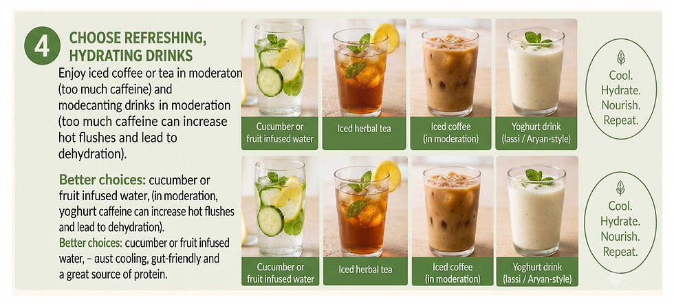 Alt text: A visual guide titled "4. Choose Refreshing, Hydrating Drinks" focusing on nutritional well-being. It displays four tall glasses of appealing iced beverages side-by-side: a glass of cucumber and lemon infused water, an iced herbal tea, an iced coffee (with a note to enjoy in moderation as caffeine can increase hot flushes), and a creamy, gut-friendly yoghurt drink like a lassi. The section concludes with an empowering, mindful mantra in a green circle: "Cool. Hydrate. Nourish. Repeat."