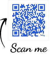 Blue QR code on a white card with a curved arrow pointing to it and the words Scan me below, plus small billy text.
