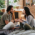 A man and woman sitting on a bed facing each other holding hands