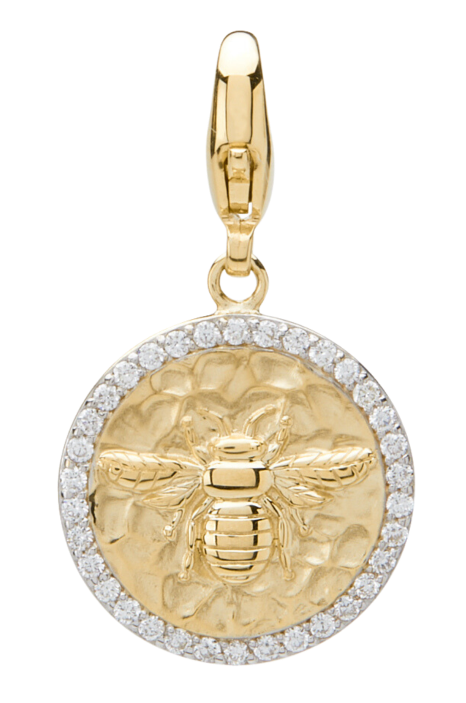 gold embossed bee pendant with diamonds set around the edge