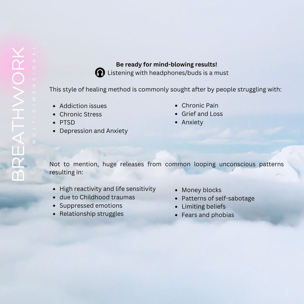 Text on a cloudy sky background detailing the rejuvenating benefits of conscious breath work for emotional healing.