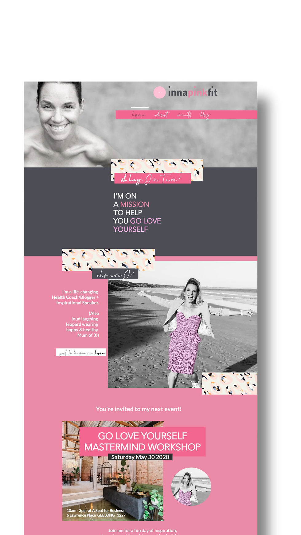 A woman in a pink dress stands on a beach; happy clients share their experience at the “Go Love Yourself Mastermind Workshop.”.