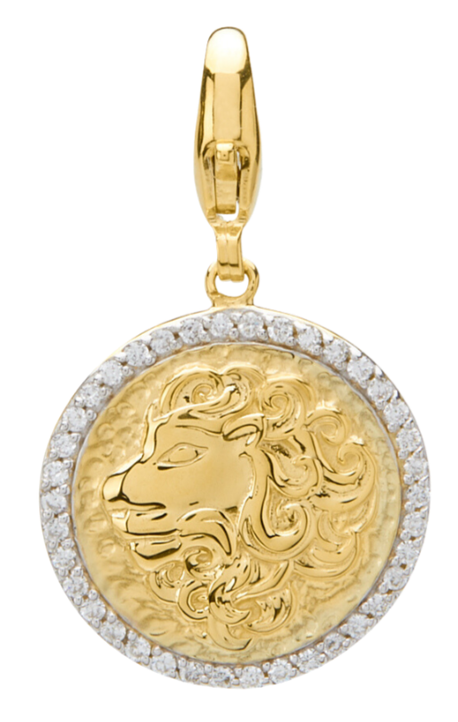 gold embossed lion pendan with diamonds around the edge