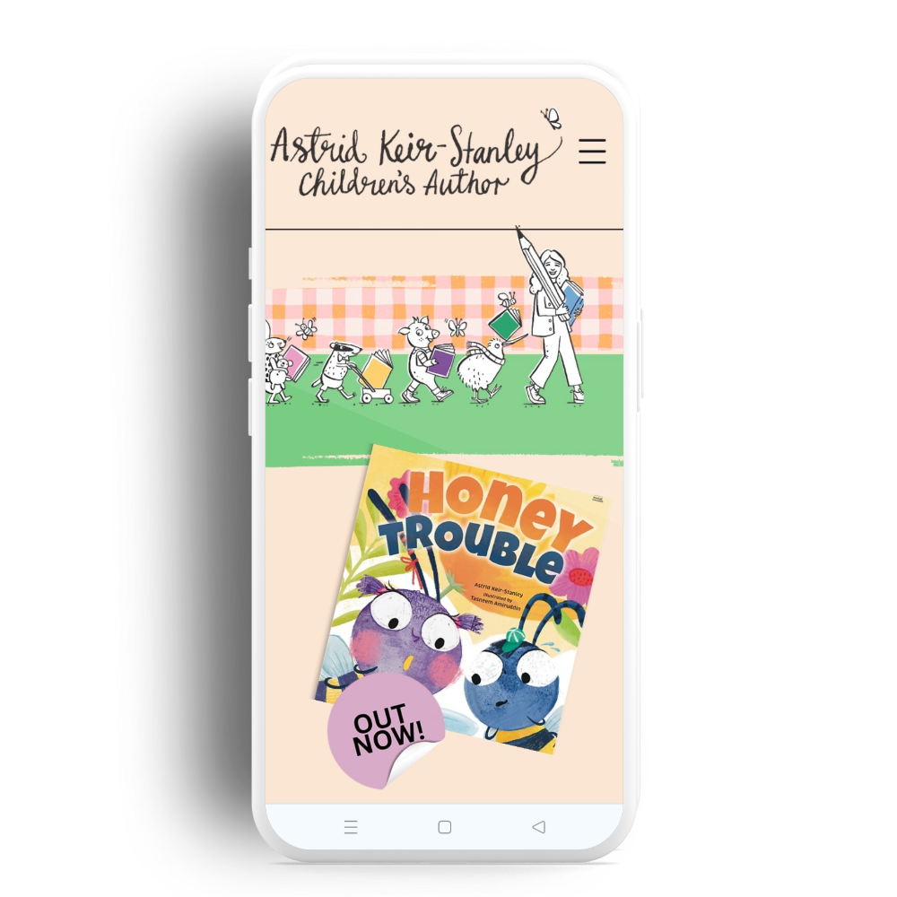 A smartphone displays an SEO-optimised website for a childrens book, featuring Honey Trouble and marching animals.