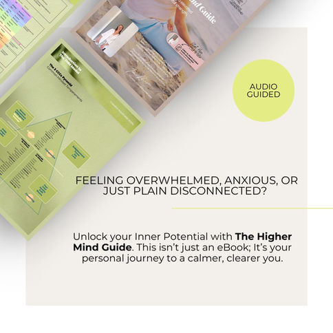 A promotional image for The Higher Mind Guide eBook, offering help for feeling overwhelmed, anxious, or disconnected.