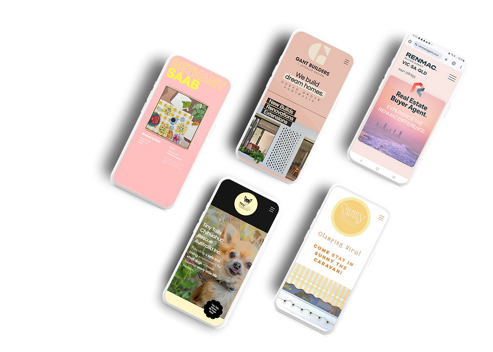 Five mobile phones displaying diverse website designs by web designer Kylie Wiffen