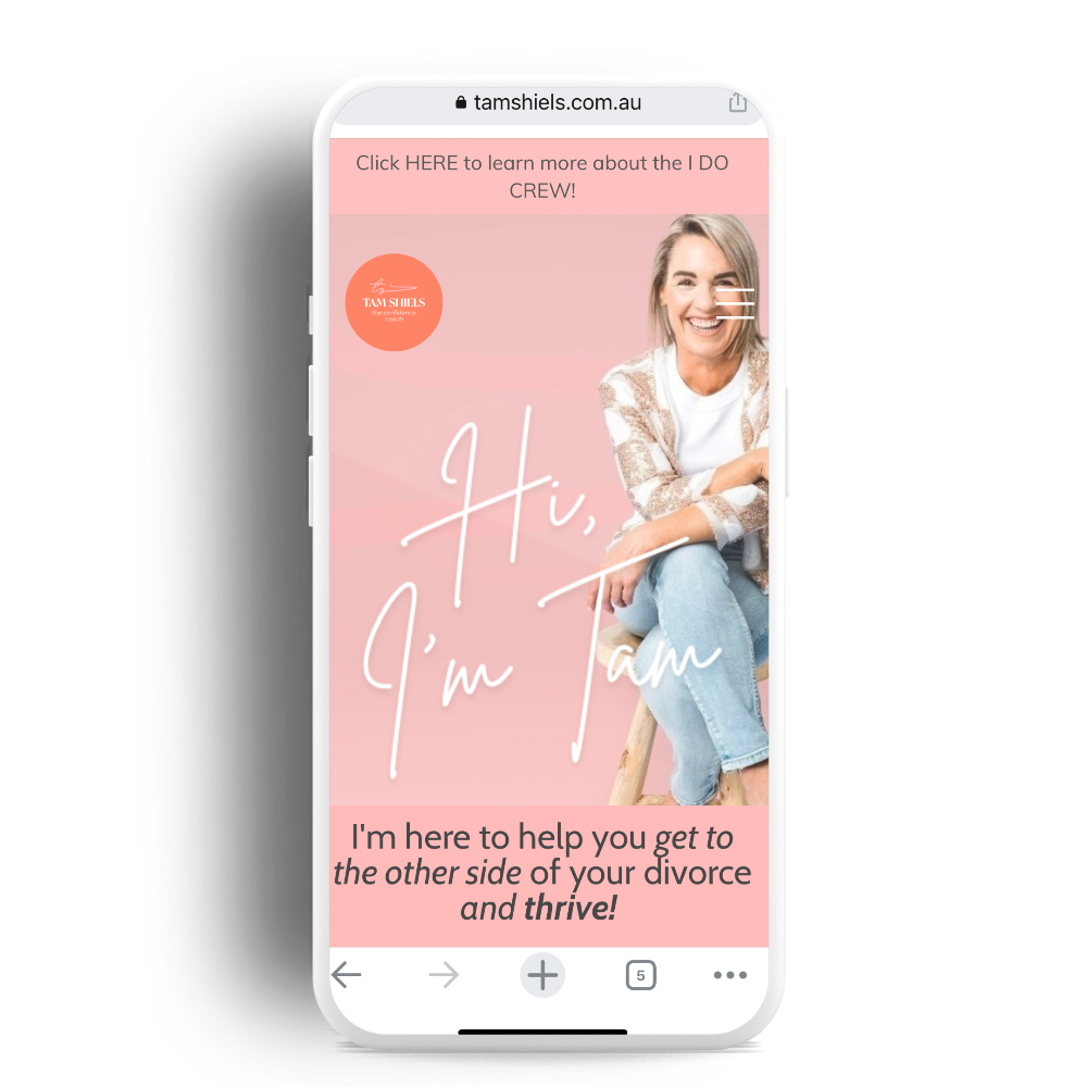 A smartphone shows an SEO-optimised website for small business support after divorce, featuring a smiling woman on pink.