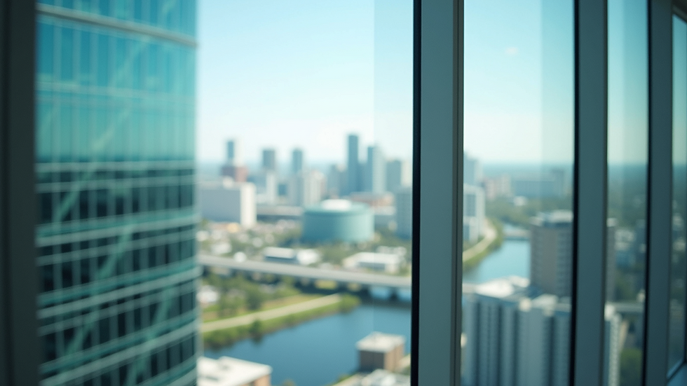 Eye-level view of a sparkling clean window overlooking a Tampa skyline after a window cleaning service