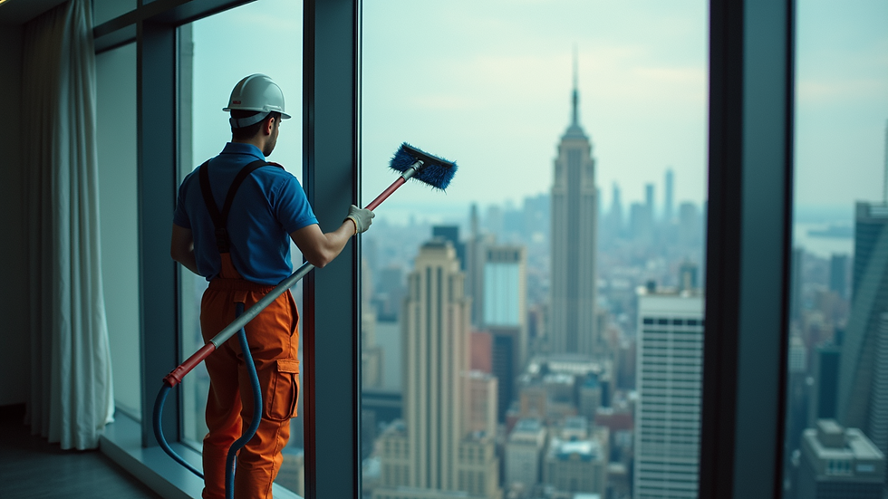 High angle view of a professional cleaner working diligently at a tall window