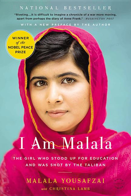 Cover of the book I Am Malala, it contains a picture of a woman wearing a pink scarf around her head.
