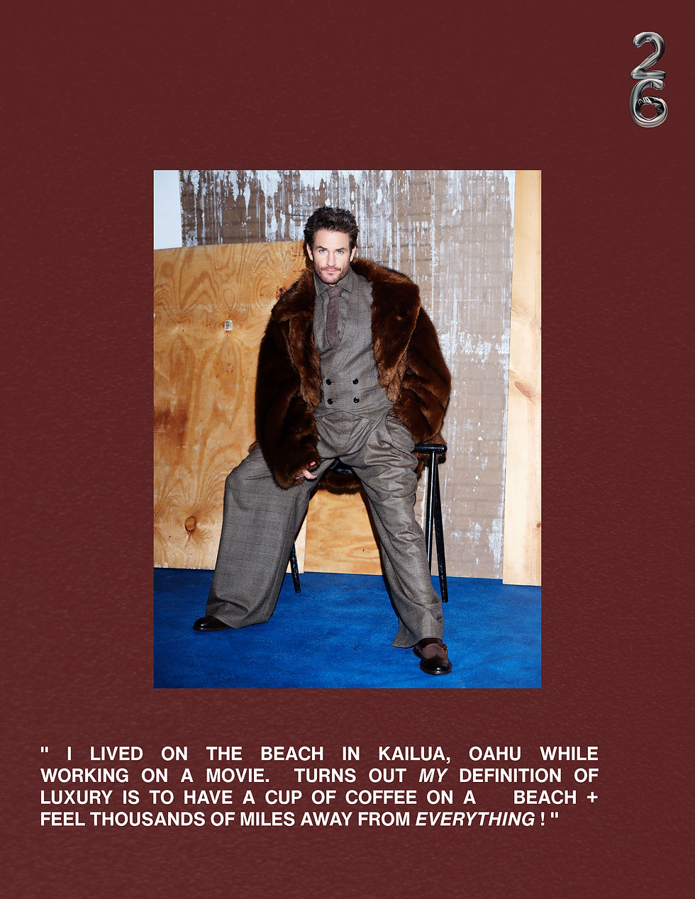 Kevin Kane definition of luxury: The SVU actor in a faux fur coat and plaid suit for 26 Magazine.