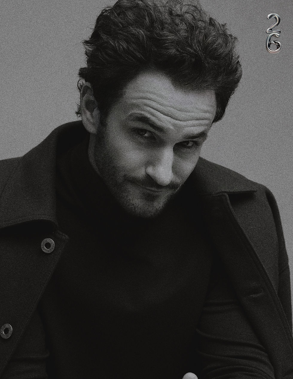 Actor Kevin Kane in a high-grain editorial profile for 26 Magazine, showcasing his leading man aesthetic.