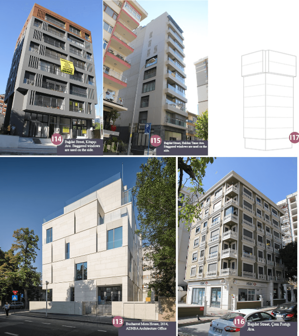 Image-13, Bucharest Mora House, 2014, ADNBA Architecture Office Image-14, Bağdat Street, Kitapçı Ave. Staggered windows are used on the side. Image-15, Bağdat Street, Haldun Taner Ave. Staggered windows are used on the side. Image 16. Bağdat Street, Çam Fıstığı Ave. Image-17. On the upper floors with sea view, there are small cantilevers to increase the floor area.