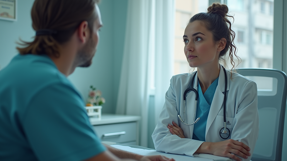 Eye-level view of a patient consulting with a surgeon about hernia treatment options