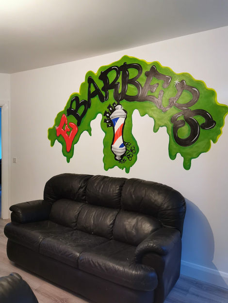 Graffiti Style mural saying EBarbers, on the wall of the barber shop in Lanesborough, Co Longford