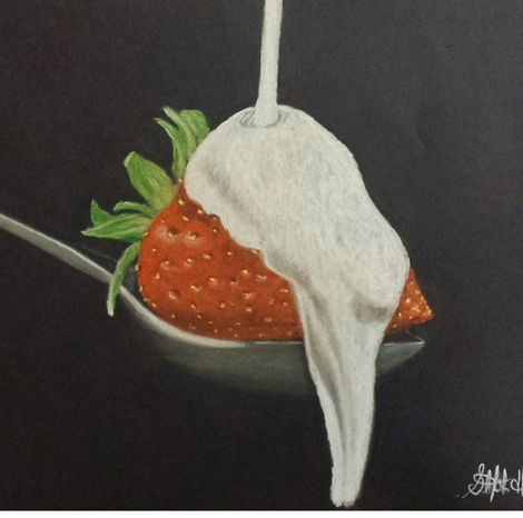 Pastel drawing on black paper of a red strawberry with cream flowing over it on a silver spoon. By artist Stephanie Hanlon
