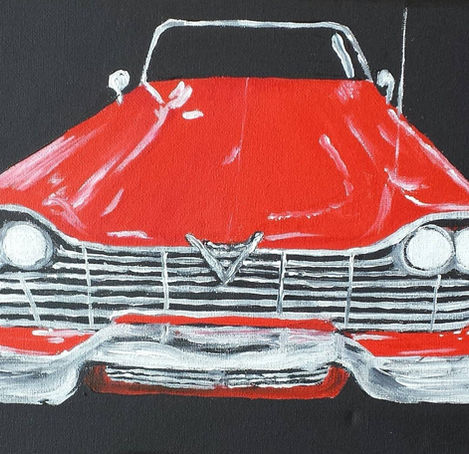 Acrylic painting of the red movie car known as 'Christine' painted by artist Stephanie Hanlon