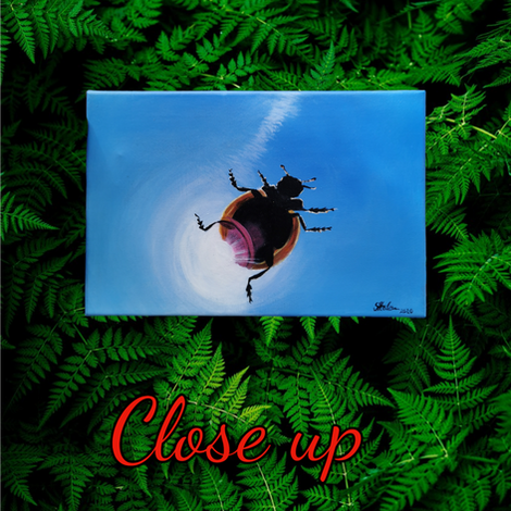 Hyper realistic painting of a Lady Bug set against a bright blue sky and blinding white sun, giving the viewer the feeling that the Lady Bug is above them. Painted by Artist Stephanie Hanlon