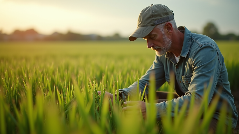 Eye-level view of a farmer inspecting crops in a lush field