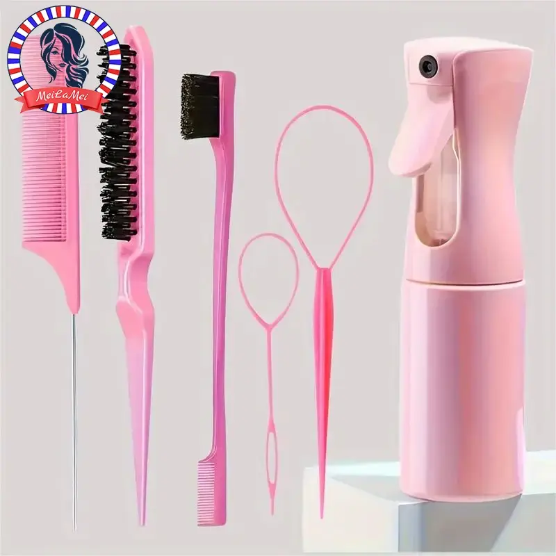 6pcs/Set Hair Brush Set Hairdressing Spray Bottle Hair Braiding Loop Rat Tail Co