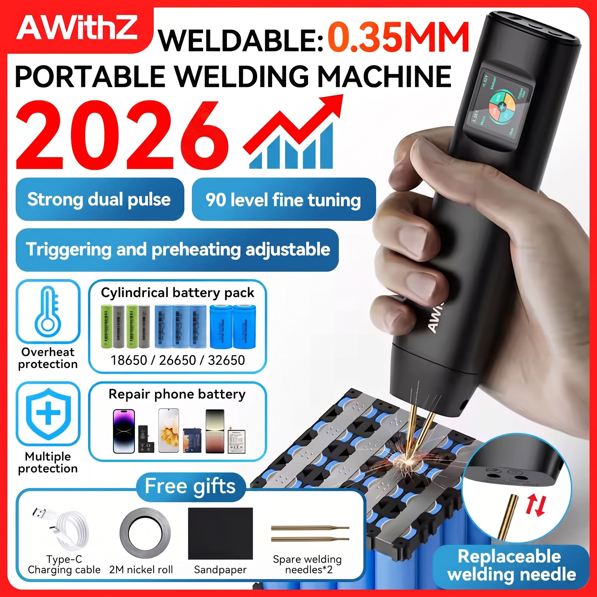 AWithZ Portable Spot Welder DIY Handheld Spot Welding Machine 90 Gears Adjustabl