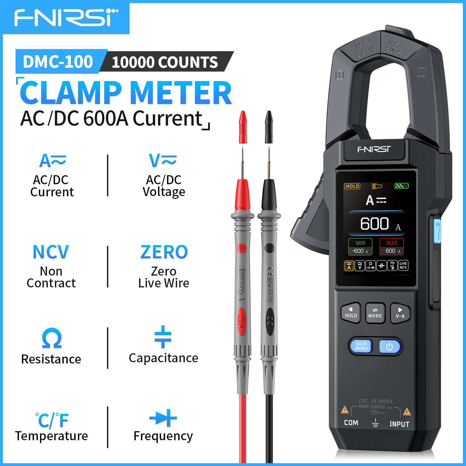 FNIRSI DMC-100 Clamp Meter 10000 Counts TRMS AC/DC Current Amperemeter Clamp 600