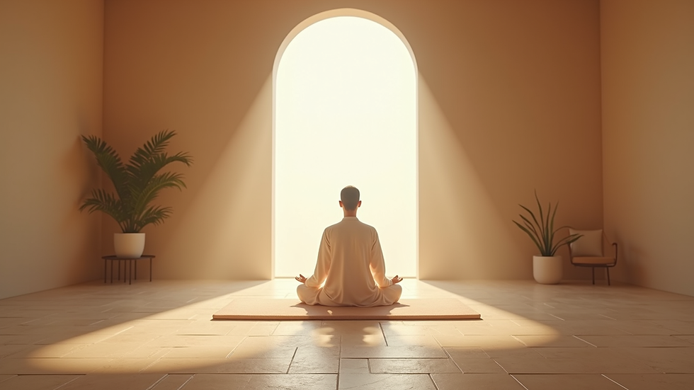 Eye-level view of a serene mediation room with soft lighting
