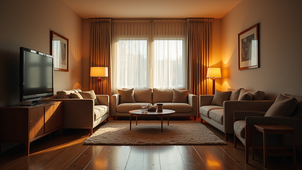 Eye-level view of a cozy living room with warm lighting and comfortable furniture