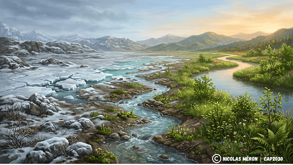 Paysage en trois temps — glace fracturée, ruisseau vif et végétation florissante — illustration du modèle de changement de Kurt Lewin, Épisode 00, CAP2030
