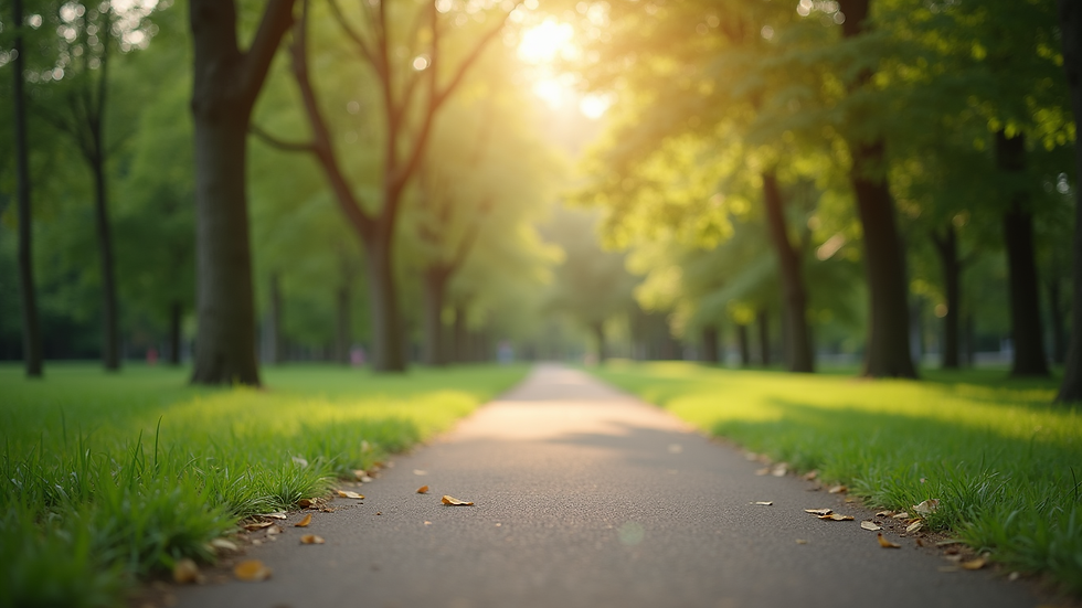 Eye-level view of a serene park with a walking path