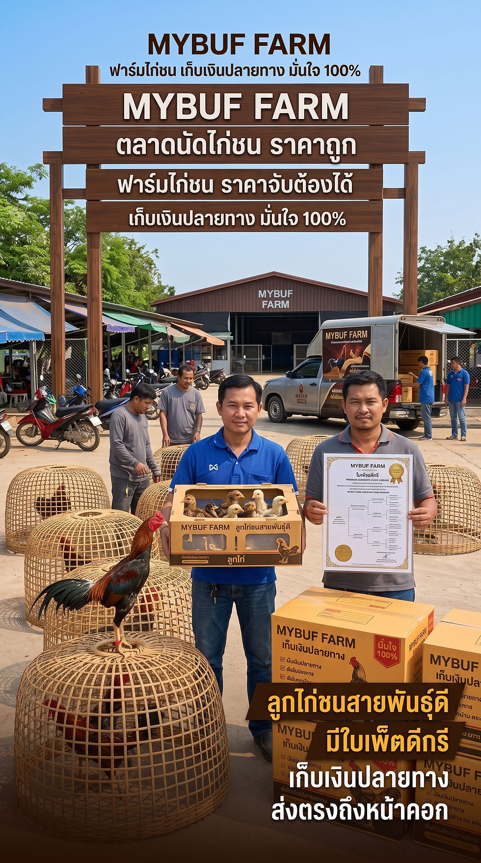 MYBUF FARM ลูกไก่ชนสายพันธุ์ดี เก็บปลายทาง ใบเพ็ชรดีกรี พม่าแข้งคม โครงสร้างแกร่ง ส่งตรงถึงหน้าคอก 🐓📦🔥