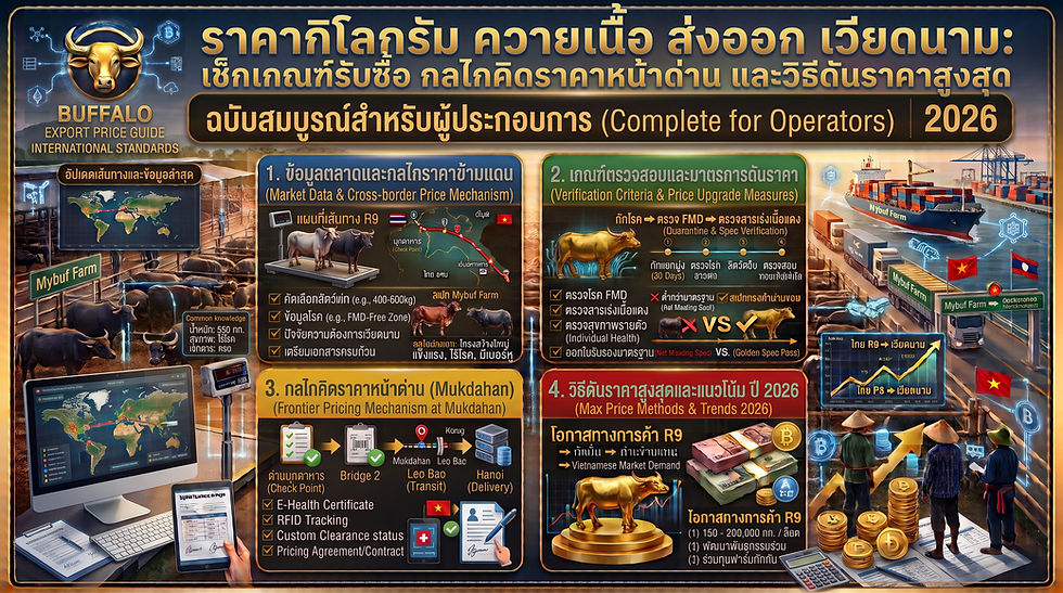 ราคากิโลกรัม ควายเนื้อ ส่งออก เวียดนาม เช็กเกณฑ์รับซื้อ กลไกคิดราคาหน้าด่าน และวิธีดันราคาสูงสุด