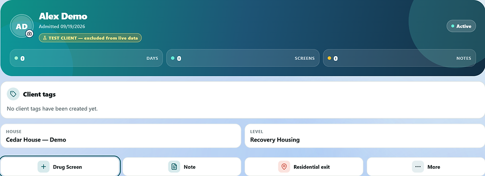 TrakWell profile for Alex Demo, clearly marked as a test client, showing housing and resident workflow actions.