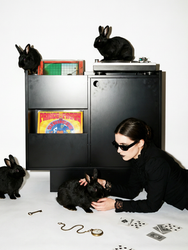 Person in black styling small objects in front of a matte-black Groove Wood Studio turntable stand with vinyl storage, surrounded by black rabbits in a white studio setup.