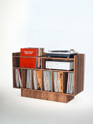 Groove No.3 turntable stand with vinyl storage in walnut finish by Groove Wood Studio, with turntable and amplifier on top and LPs stored below