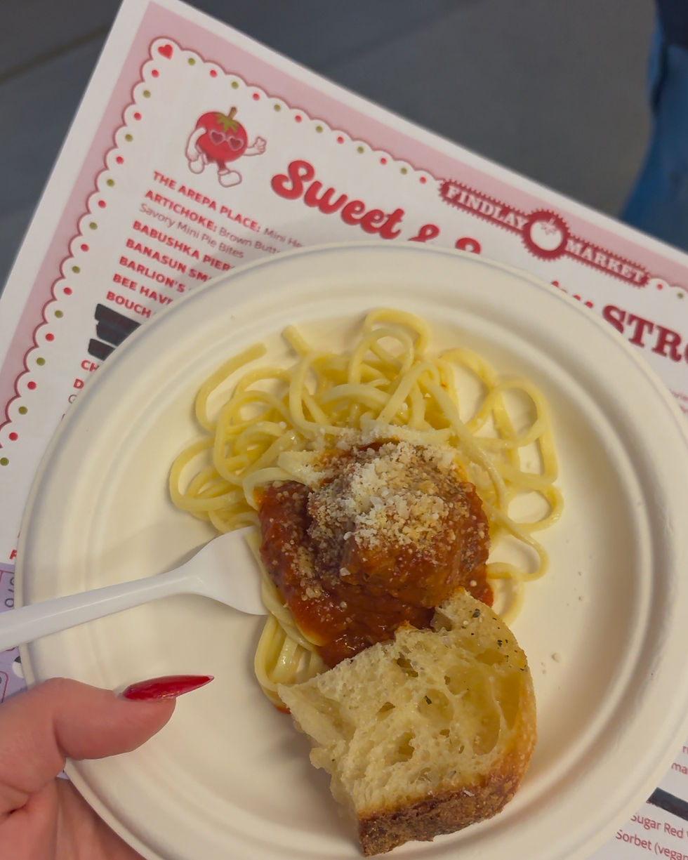 Bouchard's Spaghetti & Meatball sample at the Findlay Market weekend activity Sweet & Savory Stroll tasting event in Over-the-rhine Cincinnati, OH.